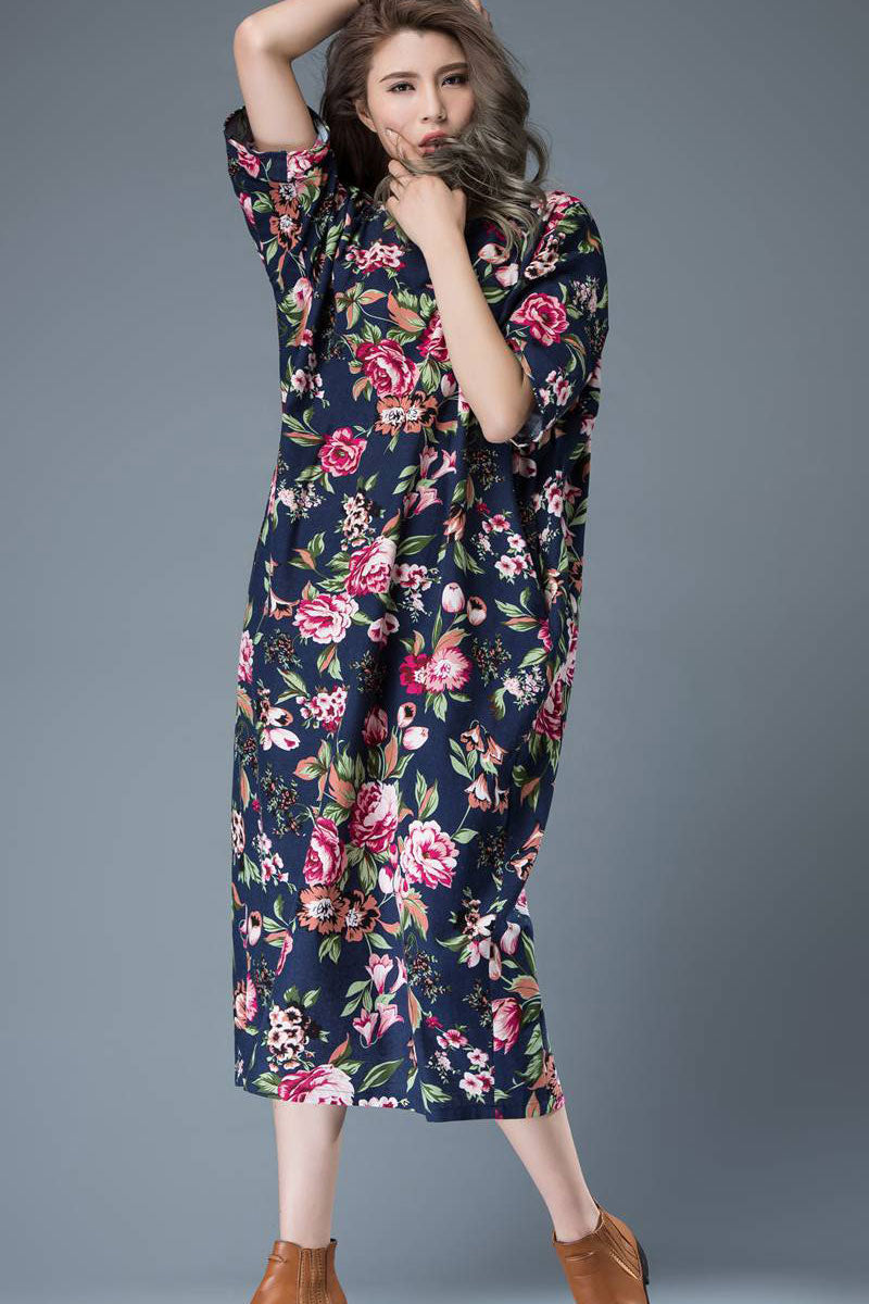 Dark Blue Floral Linen Midi Dress - Ruffle Hem, Bell Sleeves c813