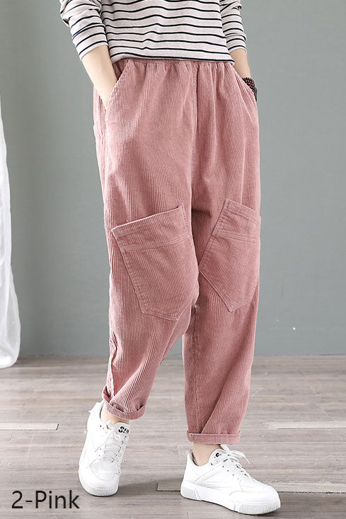 Caramel Elastic Waist Cropped Corduroy Pants C2504