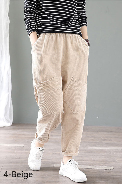 Caramel Elastic Waist Cropped Corduroy Pants C2504
