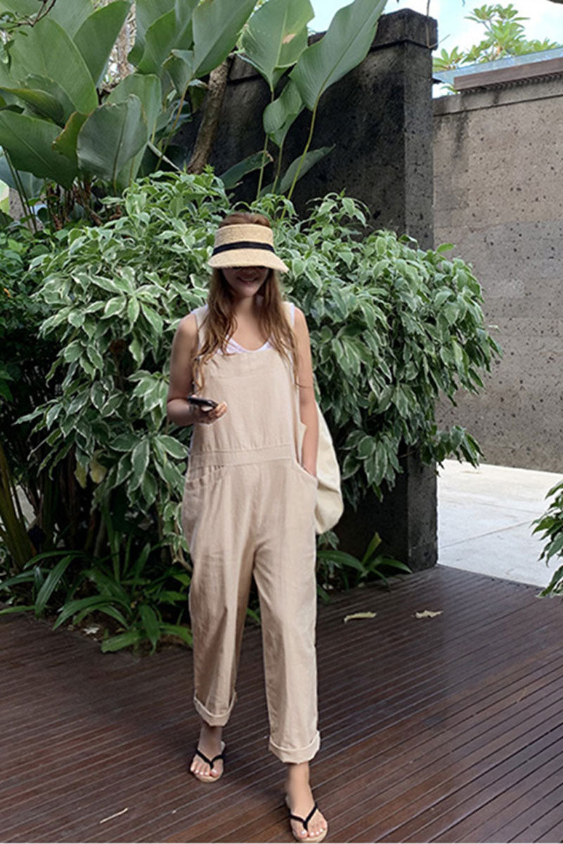 Loose Linen Jumpsuits in Beige C2399