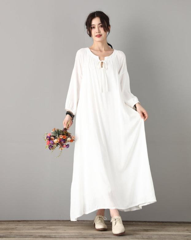 White Cotton Linen Dress - Long Sleeve Oversized Scoop Neck C1823