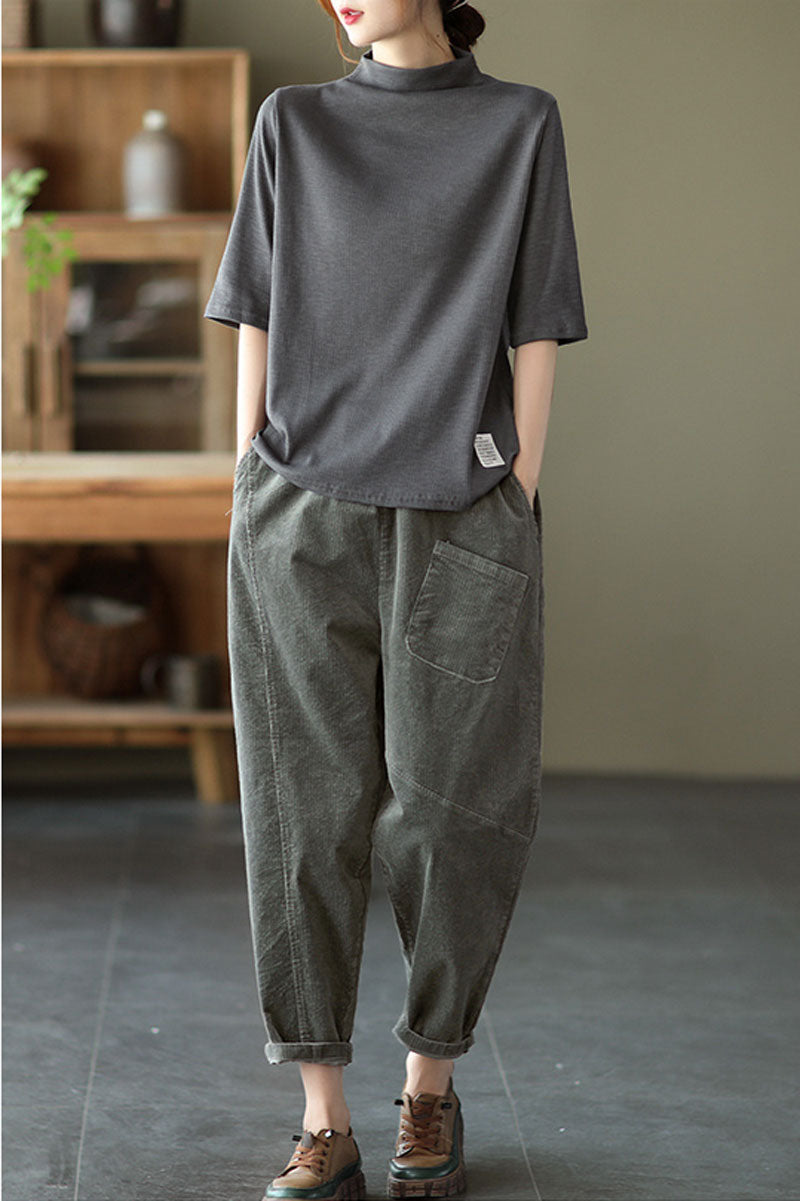 Grey Elastic Waist Corduroy Pants C2439
