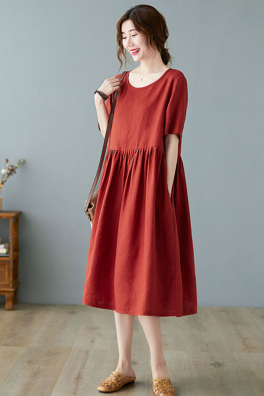 Red Linen Midi Dress - Pleated Waistband & Loose Fit C2363