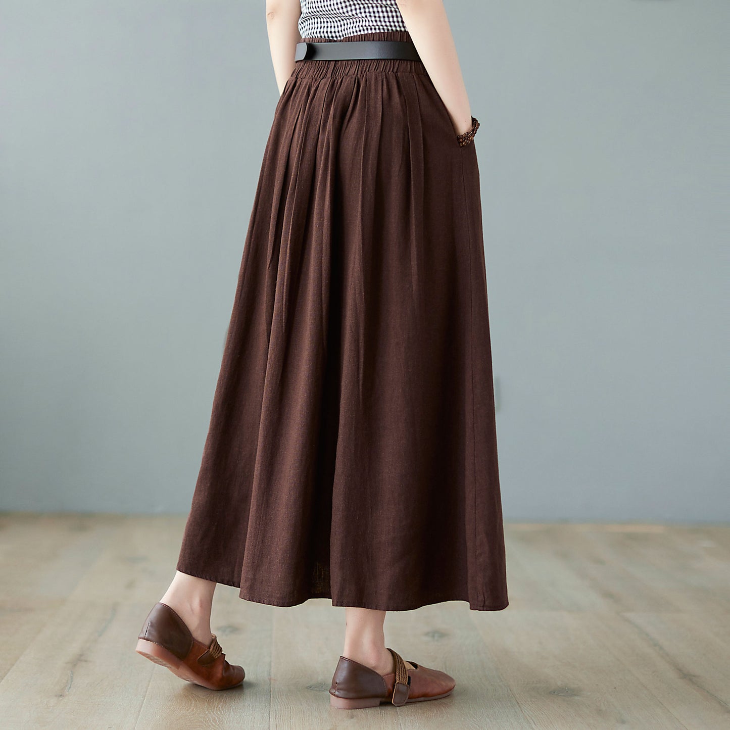 Pleated swing maxi linen skirt C2370