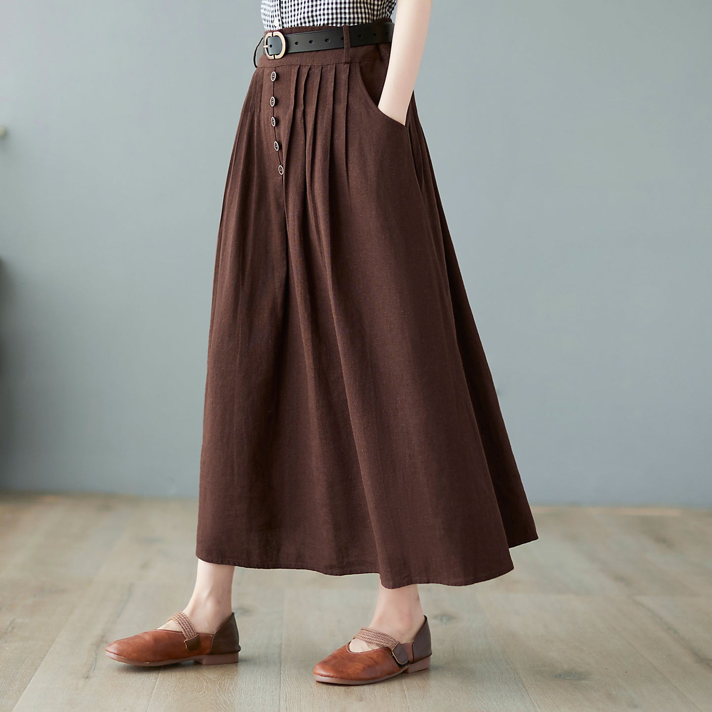 Pleated swing maxi linen skirt C2370