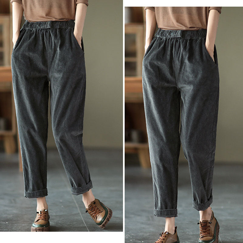 Grey Elastic Waist Corduroy Pants C2440