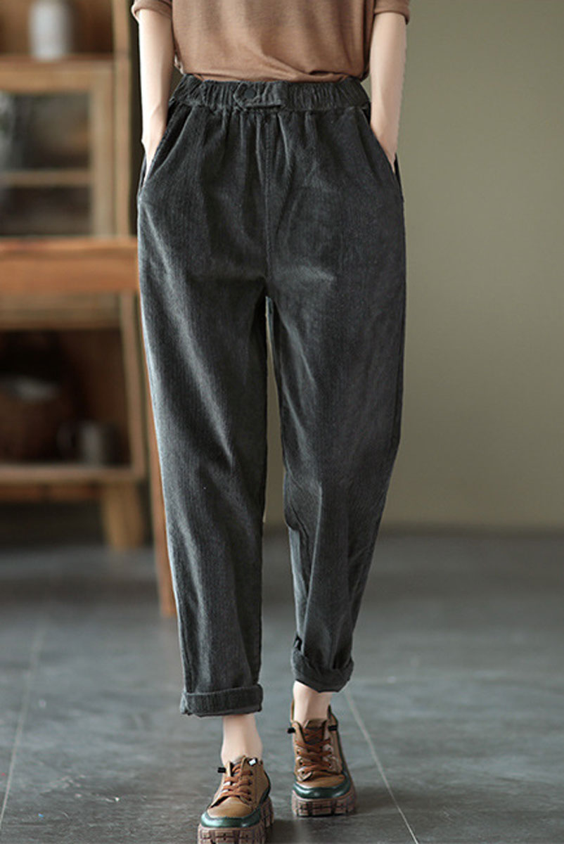 Black Elastic Waist Corduroy Pants C2440
