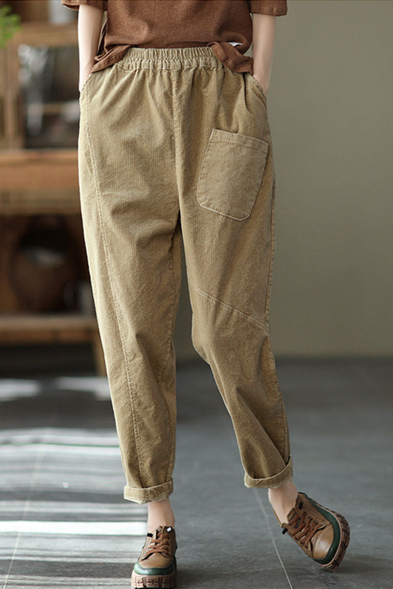 Khaki Elastic Waist Corduroy Pants C2439