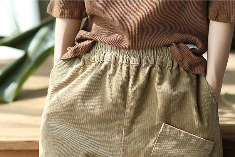 Khaki Elastic Waist Corduroy Pants C2439