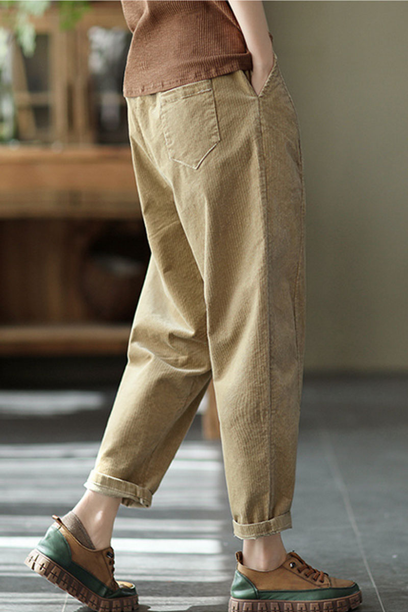 Khaki Elastic Waist Corduroy Pants C2439