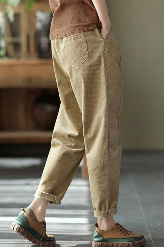 Khaki Cotton Corduroy Pants - Elastic Waist Relaxed Fit C2439
