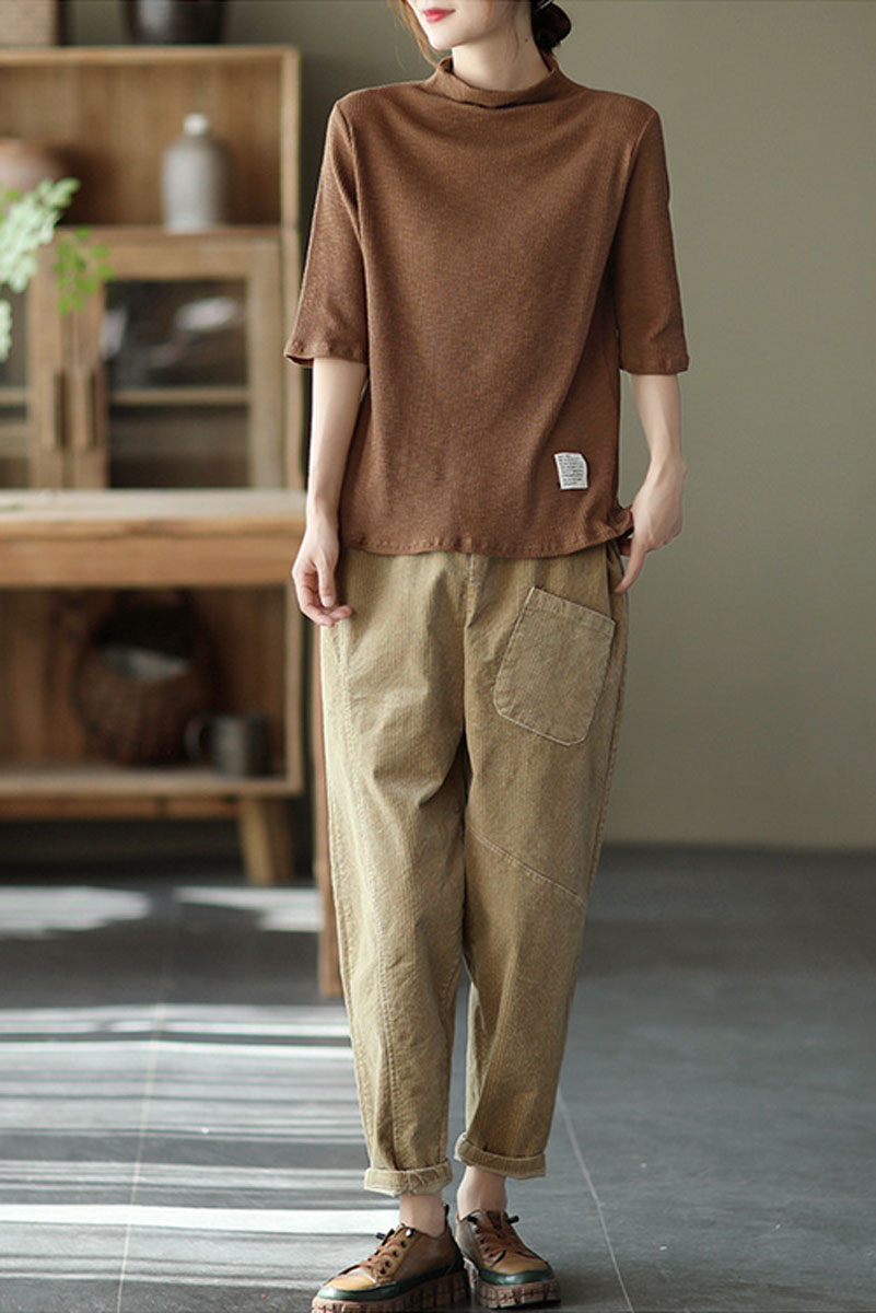 Khaki Elastic Waist Corduroy Pants C2439