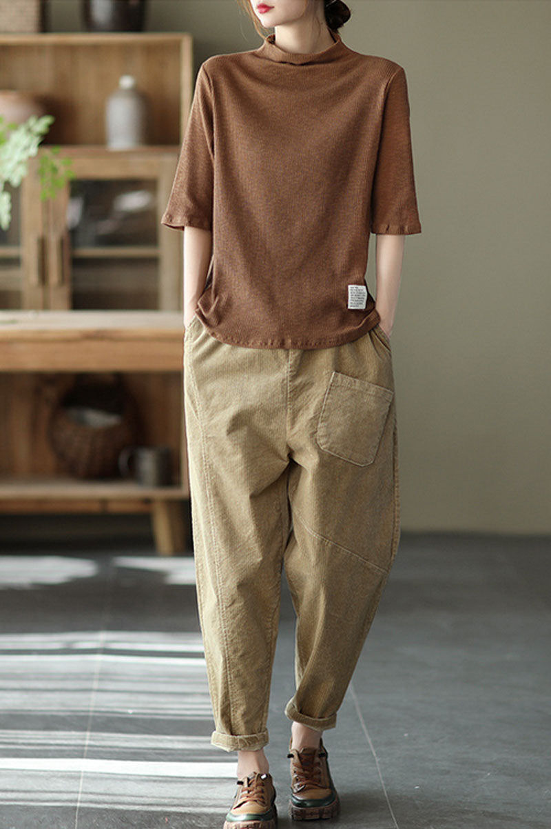 Khaki Elastic Waist Corduroy Pants C2439