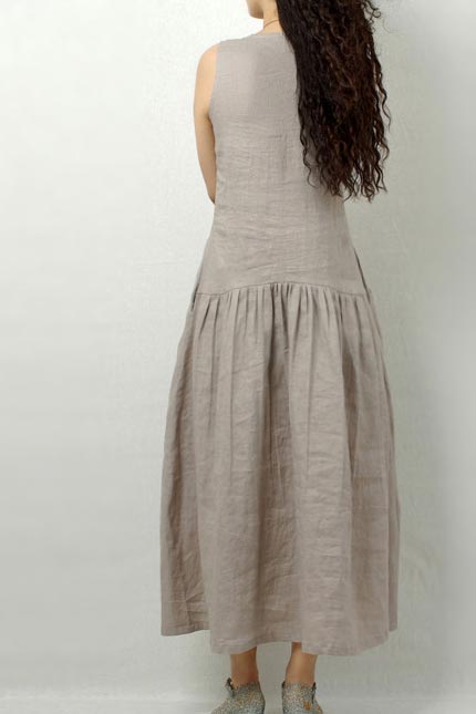Beige Linen Lantern Long Dress - Sleeveless Low Waist 190240