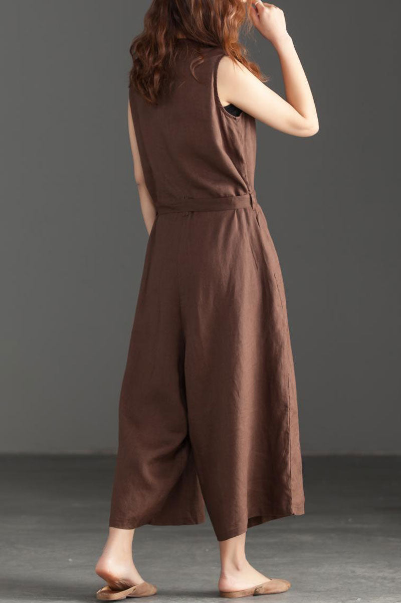 Deep V Neck Linen Jumpsuits in Coffee Color C2392