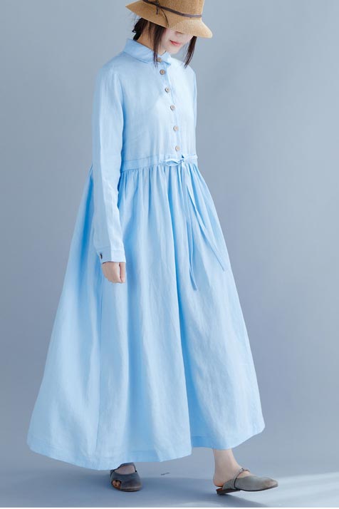 Light Blue Cotton and Linen Maxi Dress - Doll Collar, Loose Waist 190236