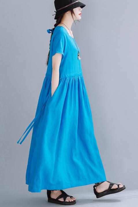 Blue Linen Maxi Dress - H-Line Silhouette with Medium Waist 190227