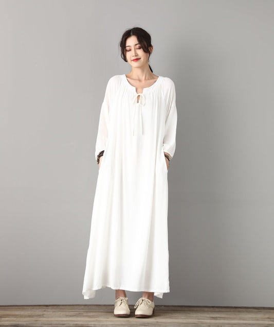White Cotton Linen Dress - Long Sleeve Oversized Scoop Neck C1823