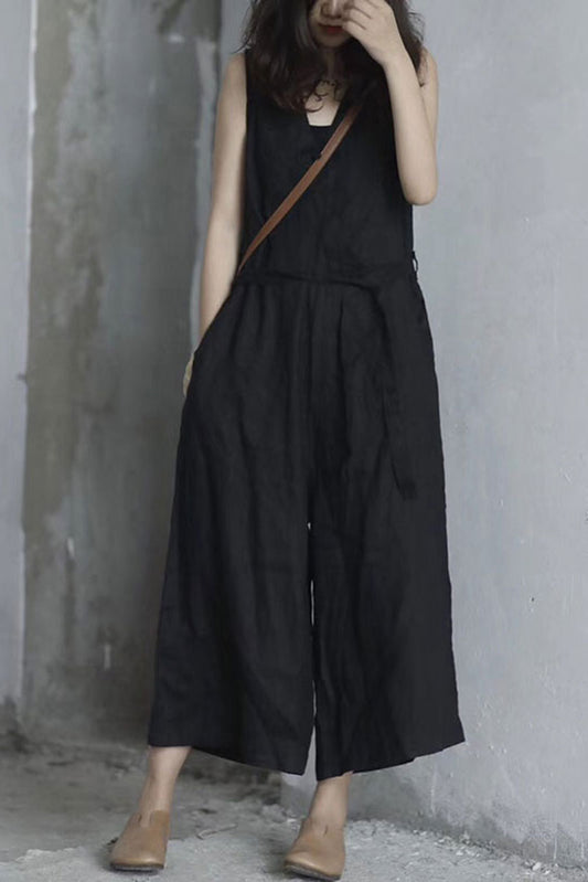 Black Linen Jumpsuit - V-Neck, Loose Fit C2393
