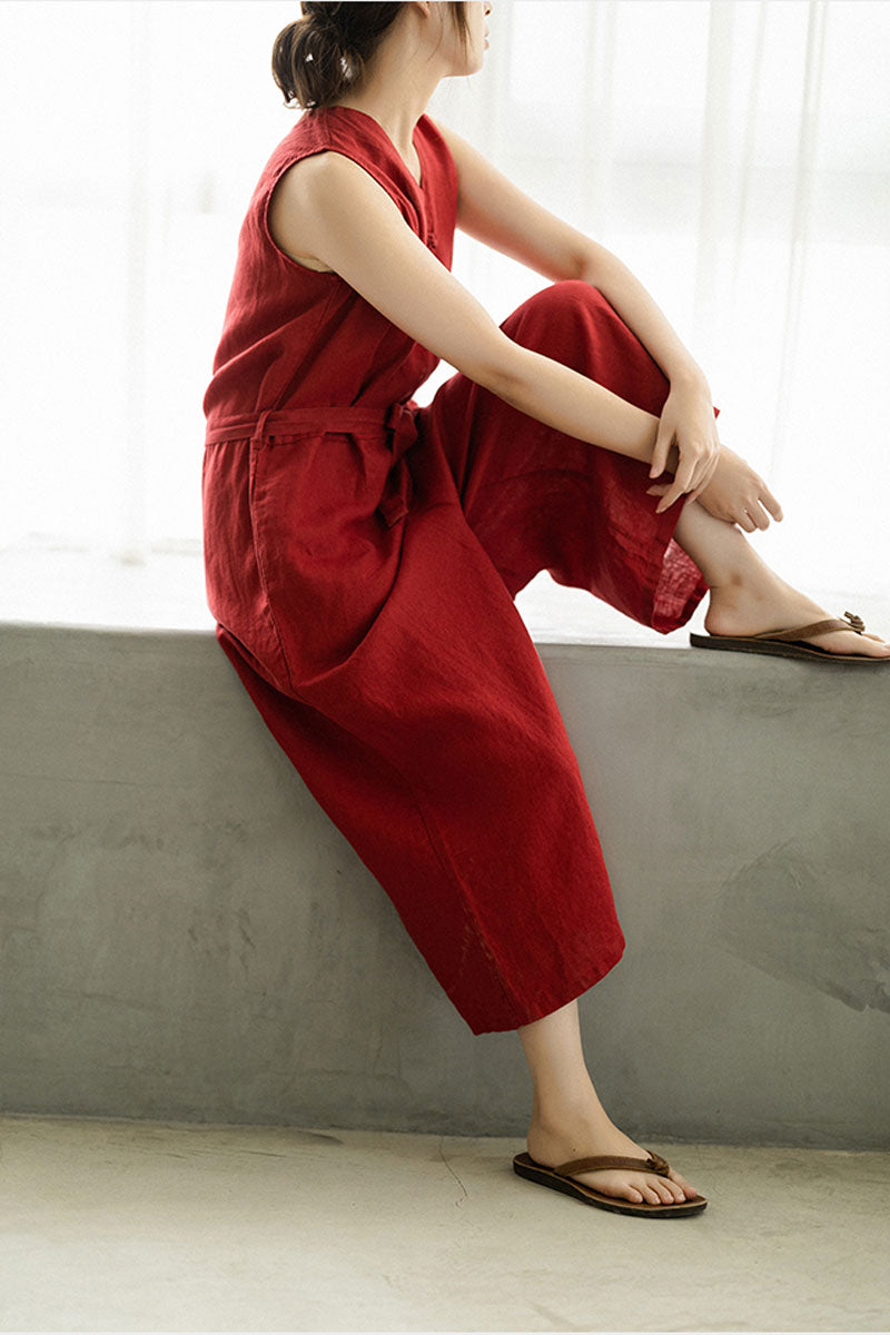 Deep V Neck Red Linen Jumpsuits C2394