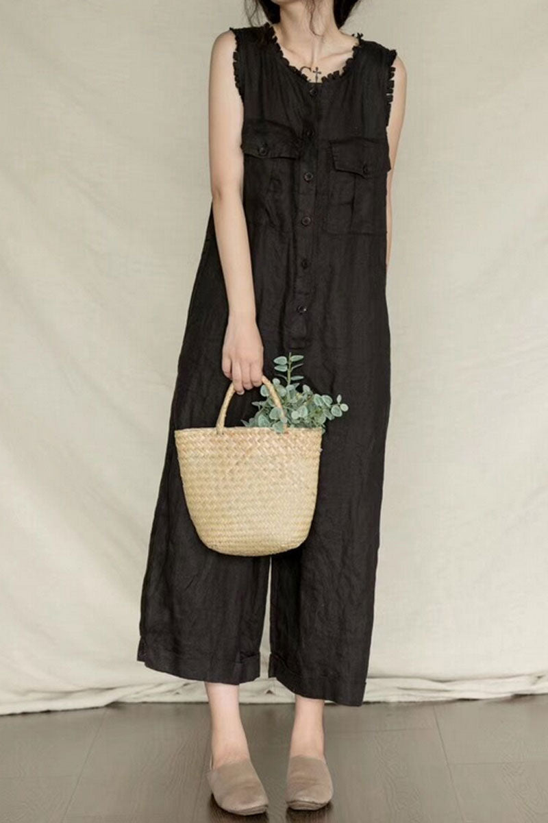 Round Neck Black Linen Jumpsuits C2397