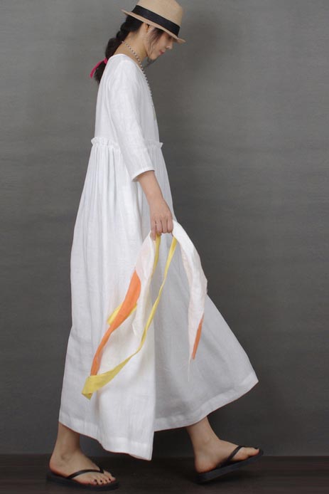 White Linen Maxi Dress - Loose Fit with Round Neck 190228