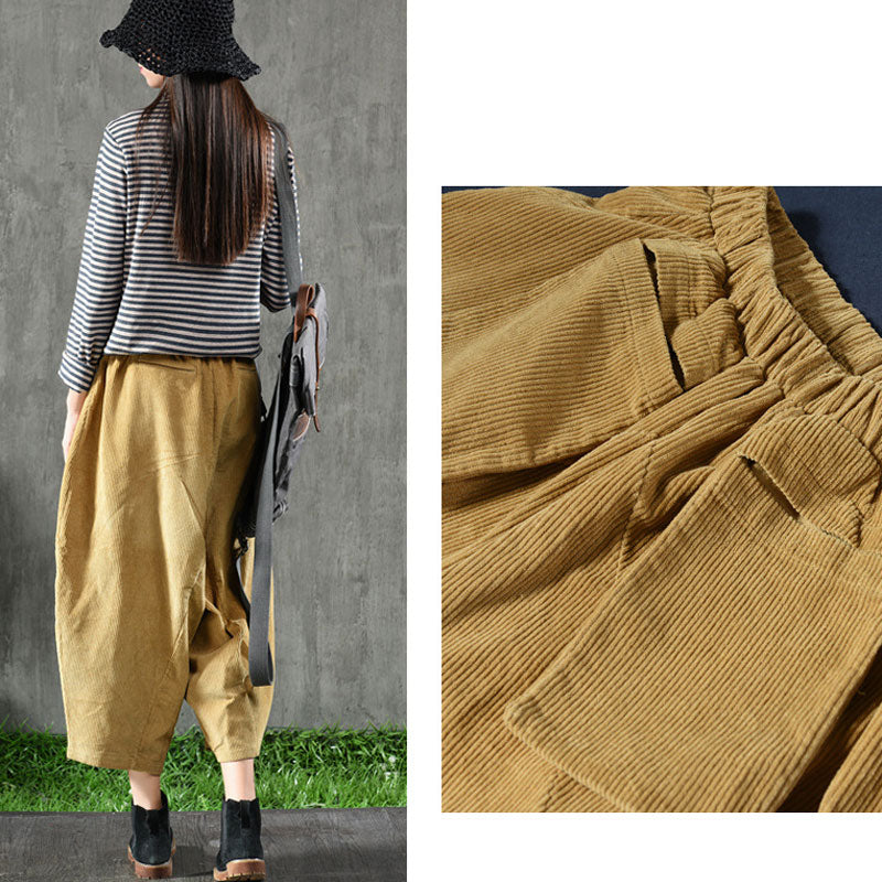 Yellow Elastic Waist Corduroy Pants C2441