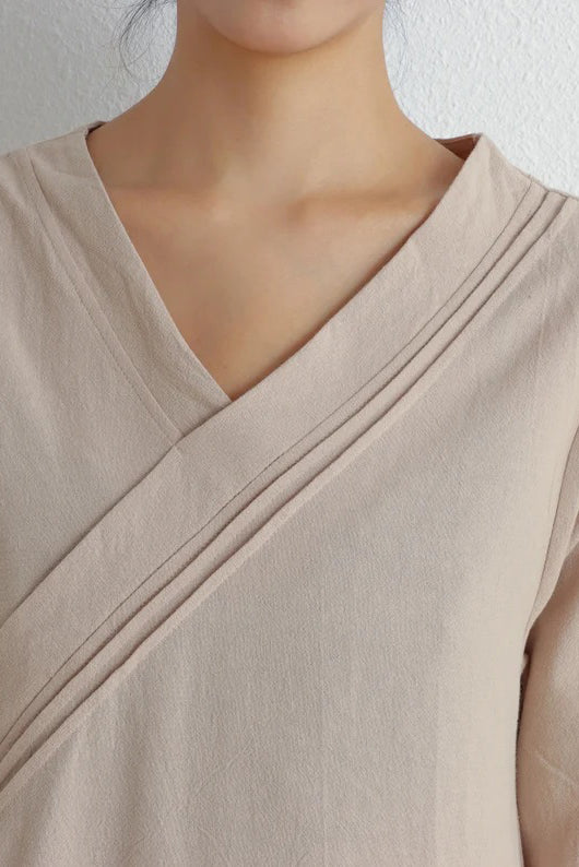 Beige Cotton Midi Dress - V-Neck and Short Sleeves C2866