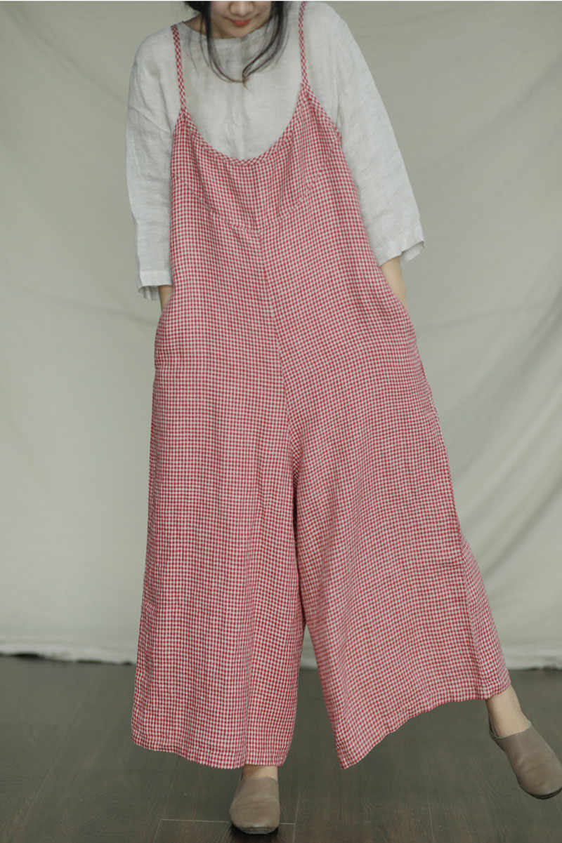 Red Plaid Sleeveless Linen Jumpsuits C2398