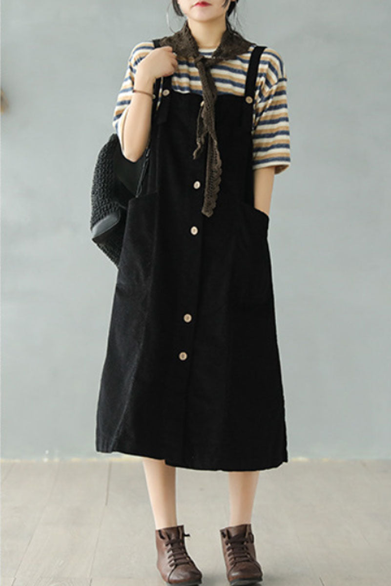 Black Corduroy Strap Dress C2447