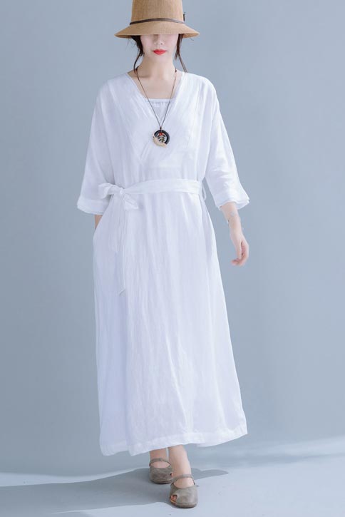 White Linen Maxi Dress - V-Neck and Seven Minute Sleeve 190244