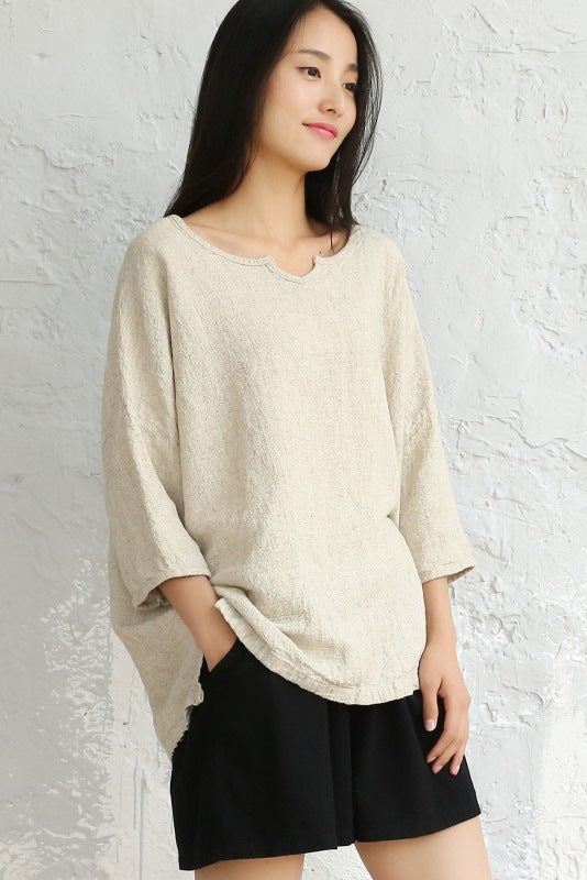 Khaki Cotton Linen Short Sleeve Tops C2828