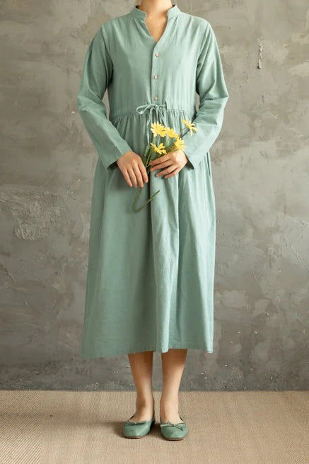 Light Green Linen Cotton Midi Dress - Drawstring Waist, Button-Up c2861