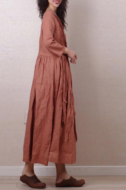 Literary style retro pleated long sleeves  linen maxi dress 190237