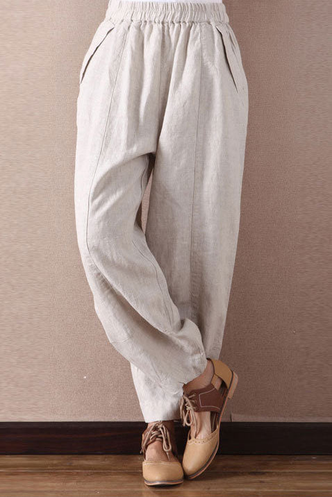 Casual wild leg linen pants with elastic waist A007