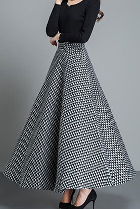 Houndstooth A Line Wool Skirt Women C2471
