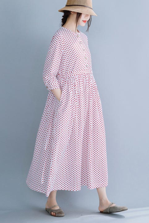 Cotton round collar long dress waist show slim temperament dress 190233