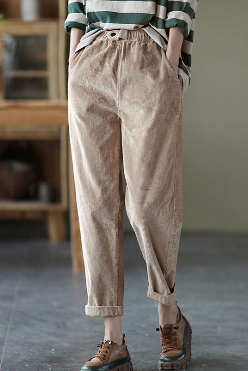 Khaki Elastic Waist Corduroy Pants C2440
