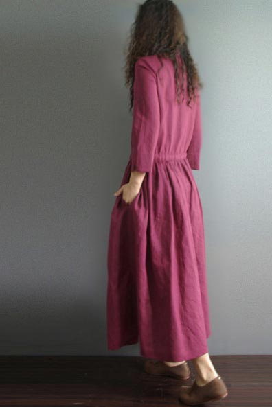 Burgundy Linen Maxi Dress - Stand Collar with Tray Button 190241
