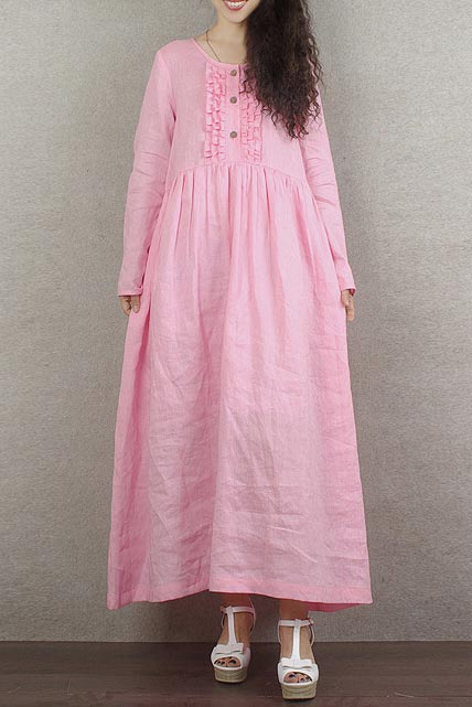 Pink Linen Maxi Dress - High Waist, Long Sleeve 190235