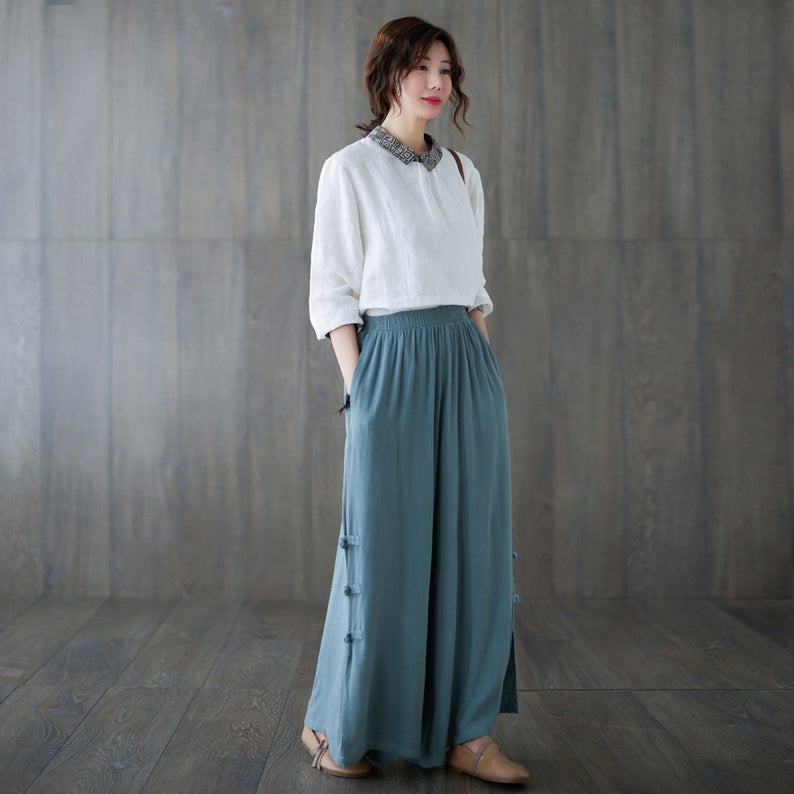Blue Elastic Waist Wide Leg Linen Pants C1816