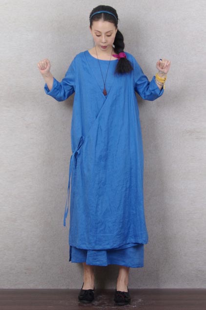 Blue Linen Maxi Dress - Loose Waist with V-Neck 190239