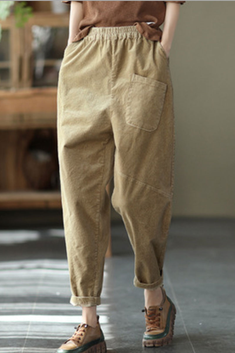 Khaki Elastic Waist Corduroy Pants C2439