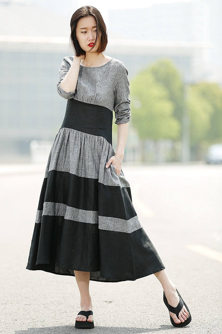 fit & flare linen blend midi dress Black and Grey with Silhouette – YLISTYLE This Womens Dress Combines ASOS DESIGN Bridesmaids lace beach wedding gown Color:Blue/Multi