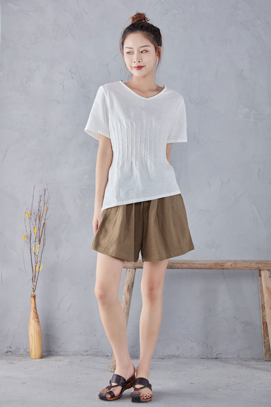 V Neck Basic Short Sleeve Linen Tops C2248#YY02993