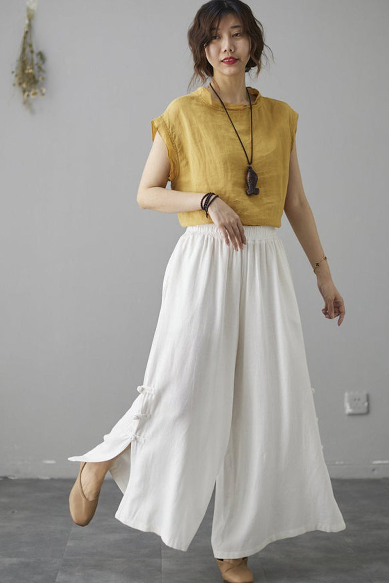 White Elastic Waist Wide Leg Linen Pants C181604