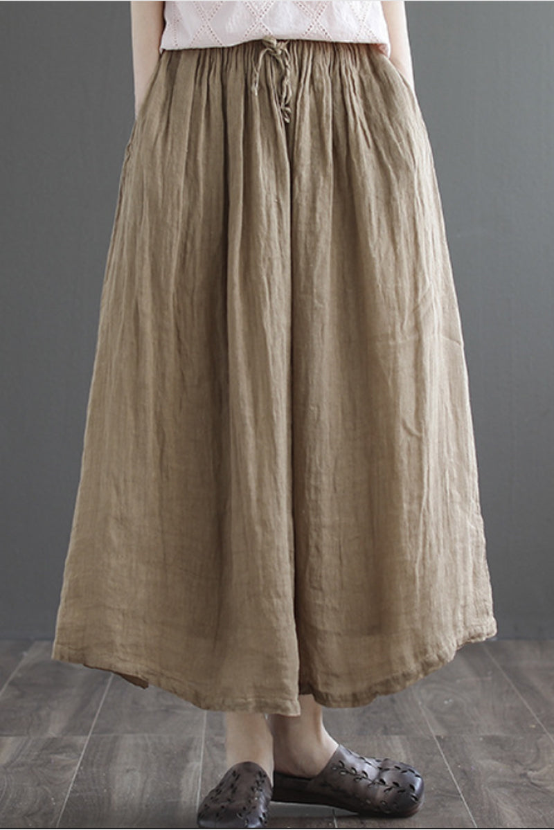 Brown Elastic Waist Linen Swing Skirt C190302