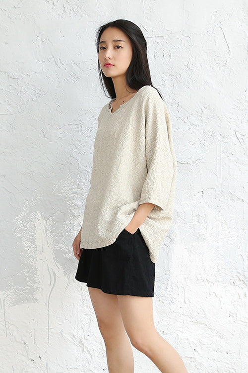 Khaki Cotton Linen Short Sleeve Tops C2828