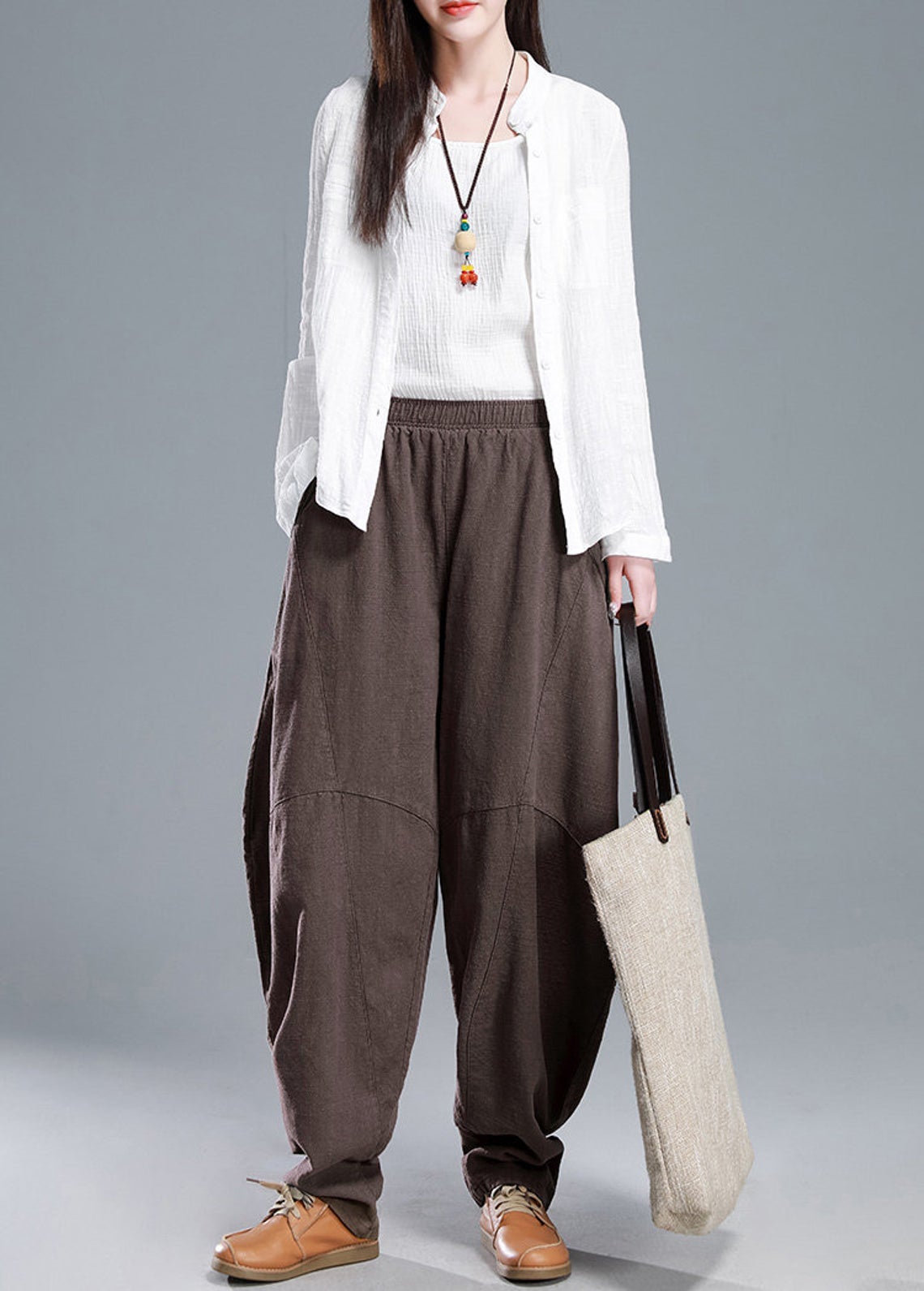 Casual Elastic Waist Linen Pants C1857