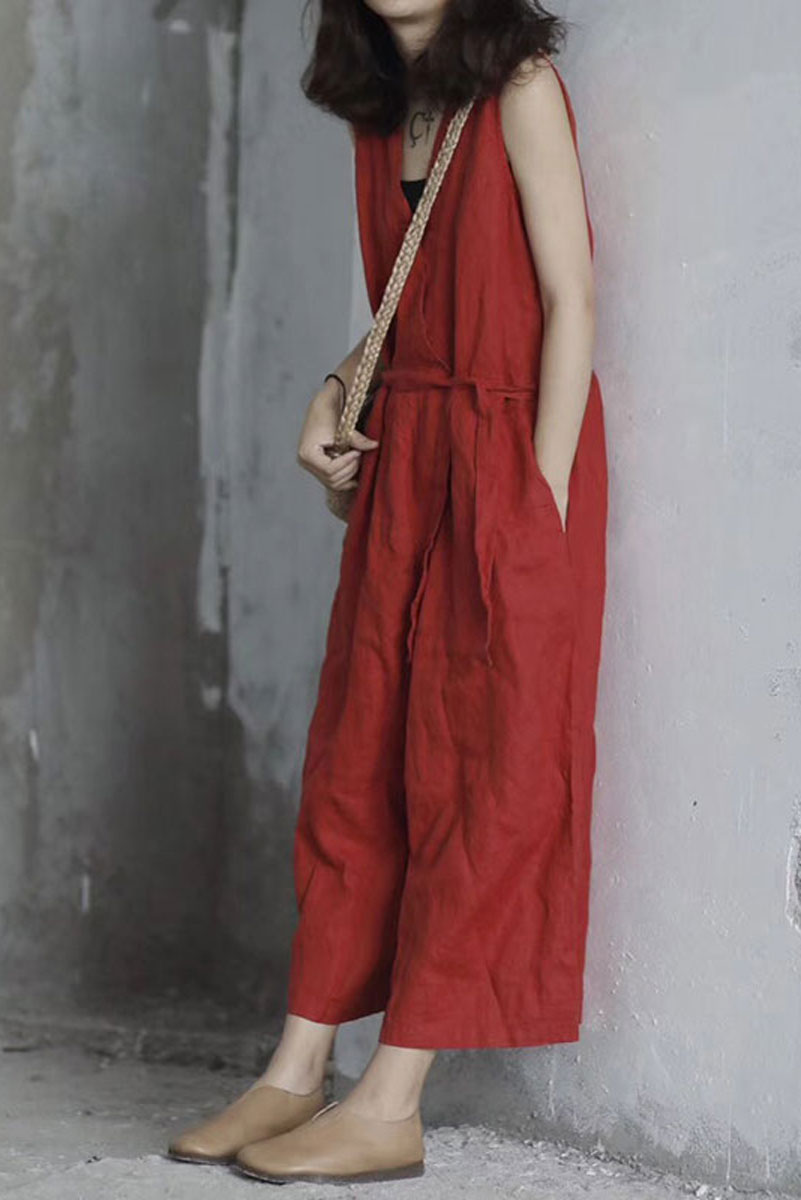 V Neck Black Linen Jumpsuits C2393